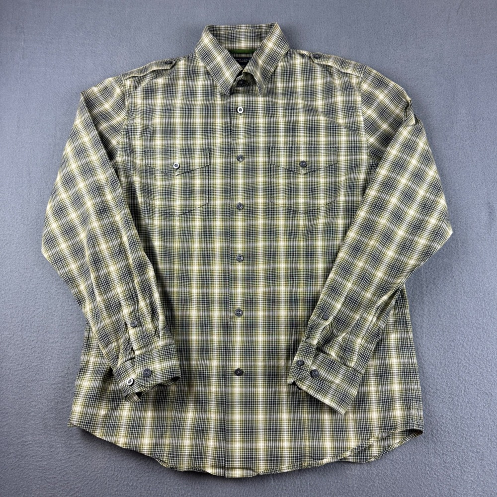 Banana Republic Shirt Mens M Green Plaid Slim Fit Stretch Flap Pockets Button Up